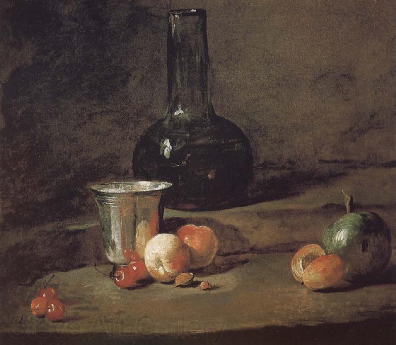 Jean Baptiste Simeon Chardin Wine glass bottles fitted five silver Cherry wine a two peach apricot, and a green apple Norge oil painting art